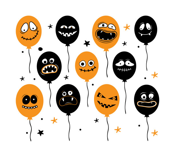 大的万圣节气球孤立在白色的背景。万圣节派对装饰。狰狞的怪物脸上长着牙齿，下巴和嘴巴。可怕的气球。矢量平面插图图片下载