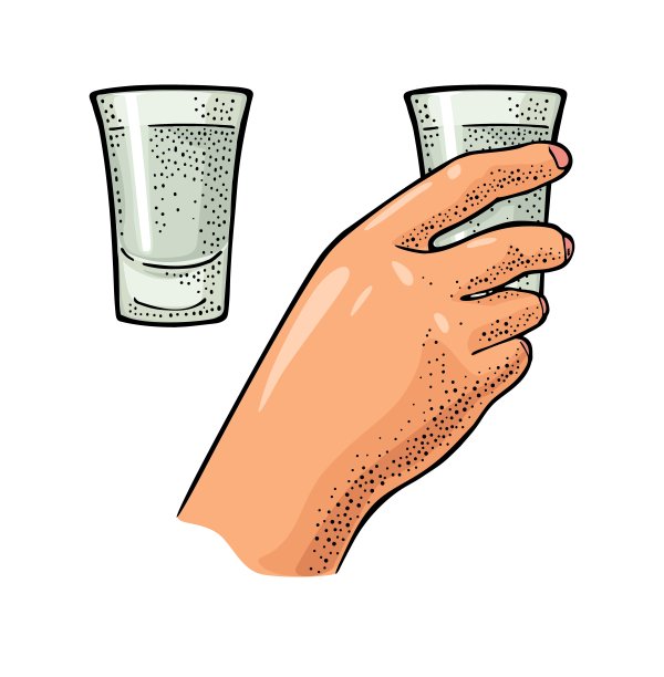 女性手握酒杯，喝伏特加。古董向量雕刻图片下载