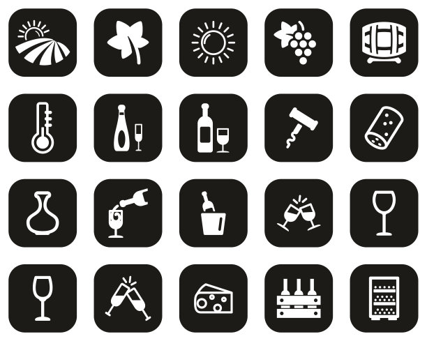 葡萄酒或酿酒厂图标白上黑平面设计设置大图片下载
