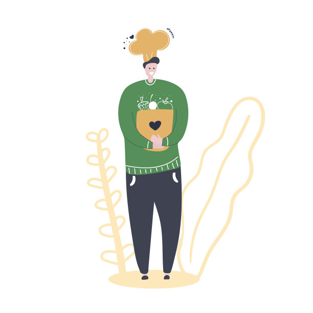 手绘厨师拿着一个纸袋，面带微笑。平面插图烹饪课程，课程，专业，网站，咖啡馆设计。图片下载