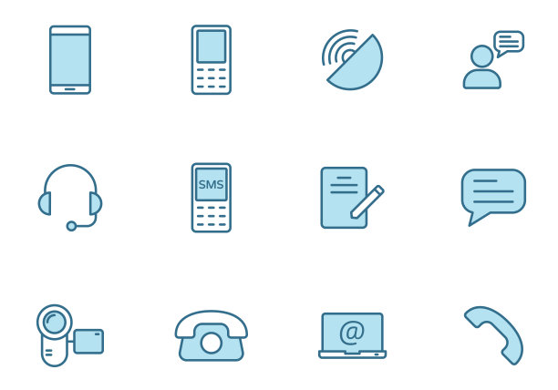 通讯线性矢量图标在两种颜色孤立的白色背景。沟通蓝色图标设置为网页设计，ui，移动应用程序和打印图片下载