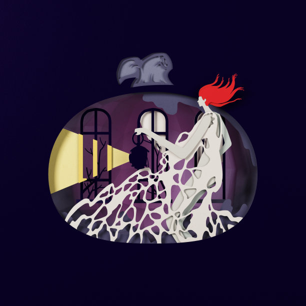 年轻女子在幽灵服装与灯笼在万圣节南瓜剪影在鬼屋。3 d演示。图片下载