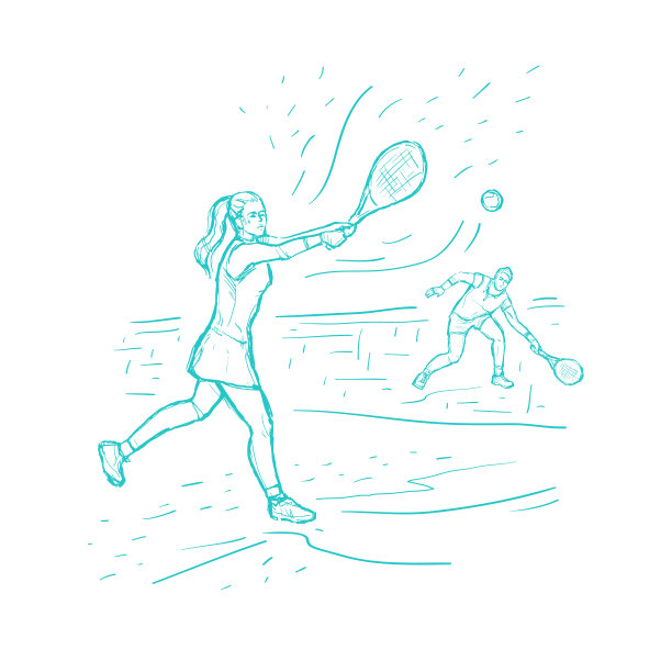 男人和女人一起在球场上打网球。网球体育竞赛。草图矢量手绘插图在白色的背景。球拍的运动游戏。图片下载