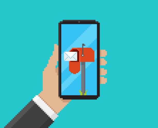 像素艺术矢量插图手持移动与邮箱应用程序在屏幕上。图片下载