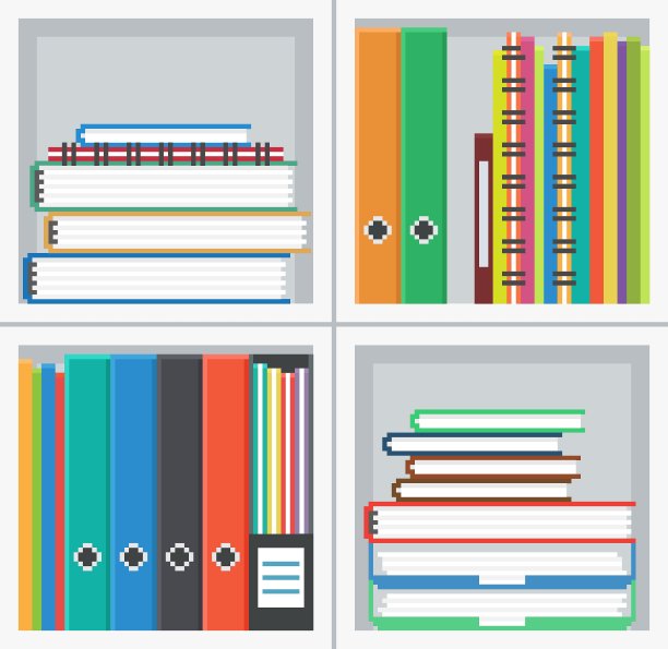 像素艺术，书架上办公文件的矢量插图。图片下载