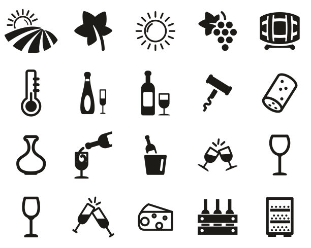 葡萄酒或酿酒厂图标黑色和白色设置大图片下载