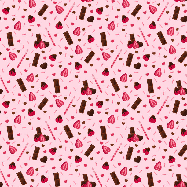 粉色背景上的草莓和巧克力无缝图案。图片下载