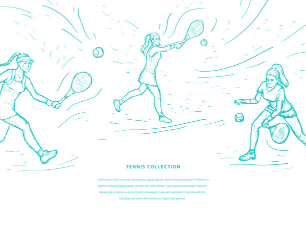 男人和女人一起在球场上打网球。网球素描手绘矢量模板在蓝色。白色背景上有网球拍的女子网球运动员。体育的概念图片下载