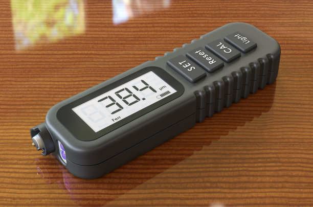 木桌上的涂层测厚仪，3D渲染图片下载