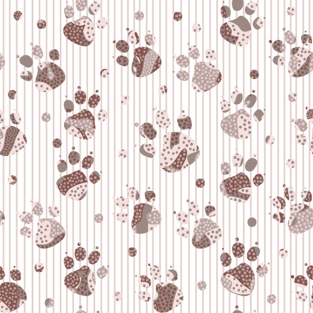 摘要浅粉色，棕色和米色斑点猫或狗的脚印在白色条纹的背景。图片下载