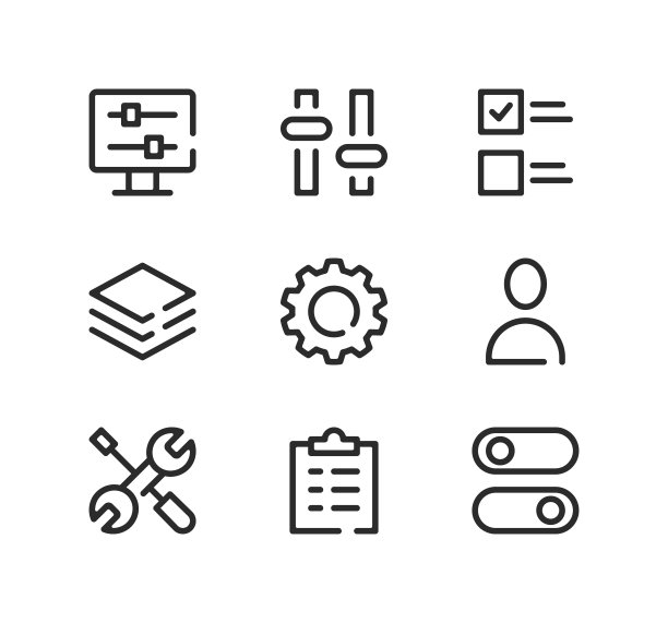 设置行图标设置。现代平面设计理念，黑色笔触线性符号，简单轮廓元素集合。矢量线的图标图片下载