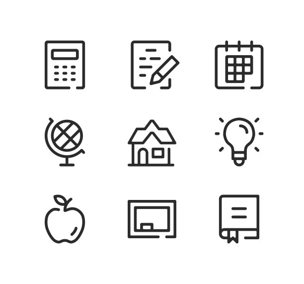 学校线图标设置。现代平面设计理念，黑色笔触线性符号，简单轮廓元素集合。矢量线的图标图片下载