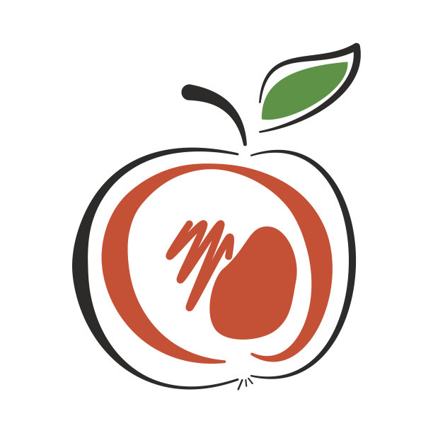 风格化的手绘苹果与叶子。红色，绿色，黑色。矢量插图在卡通平面风格。苹果图标、健康食品、农业。设计元素的印刷，网络。图片下载