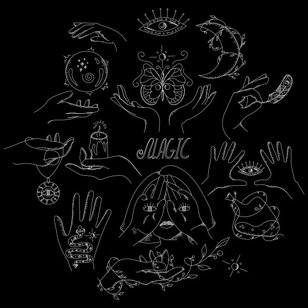 向量魔法设置。神秘神秘的元素与手月亮眼水晶球和羽毛。巫术系列在涂鸦风格的万圣节设计在黑色的背景图片下载
