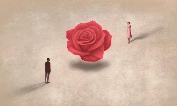 爱情概念超现实场景男人和女人以巨大的红玫瑰，绘画插画图片下载