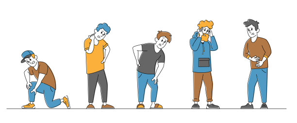 男性遭受膝盖、脖子、后头和胃的疼痛图片下载