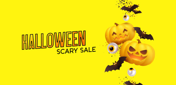 万圣节快乐背景逼真的南瓜和蝙蝠。万圣节恐怖出售。矢量图图片下载