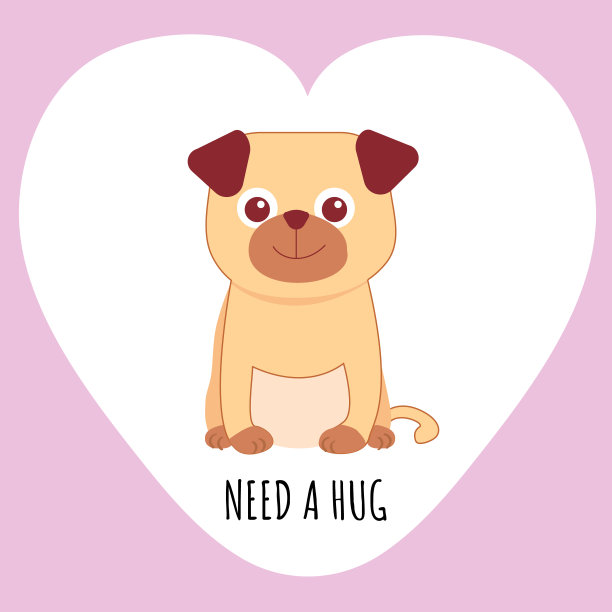 粉色心形背景上的小狗狗需要一个拥抱。矢量插图。图片下载