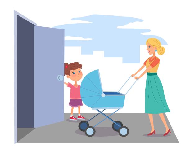 好孩子为推着婴儿车的女人开门。谦恭善良的孩子站在门口，帮助年轻女子带着婴儿进入大楼。礼貌和尊重矢量插图图片下载