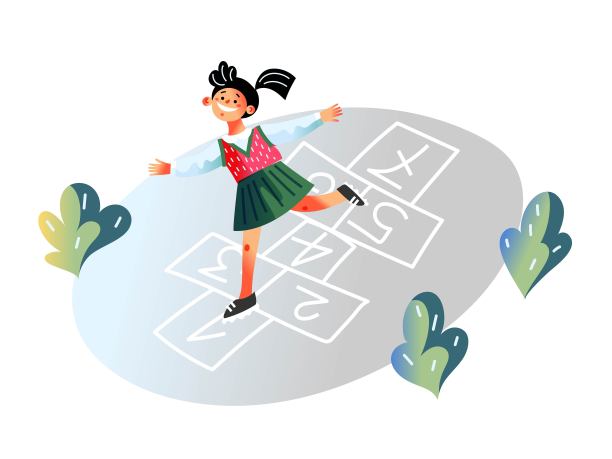 孩子们在外面玩跳房子游戏。快乐的女孩在操场上跳跃。有趣活跃的户外活动矢量插图。人行道上用粉笔写的数字图片下载