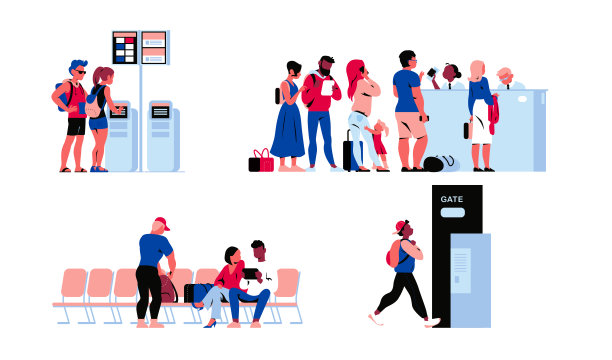 人们在机场候机楼等待航班，通过护照检查，网上登记。图片下载