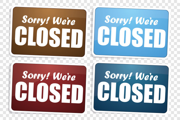 彩色标志设置对不起，我们是关闭的假期，与阴影隔离在透明的背景。实际的设计图片下载