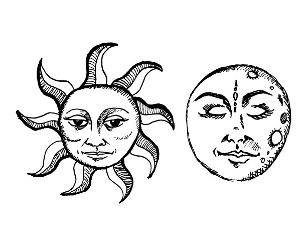 手绘神秘的复古太阳和月亮矢量插图图片下载