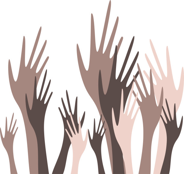 通用设计模板用于信息传单、关于投票和反种族主义主题的公告。不同肤色的手被举起。图片下载