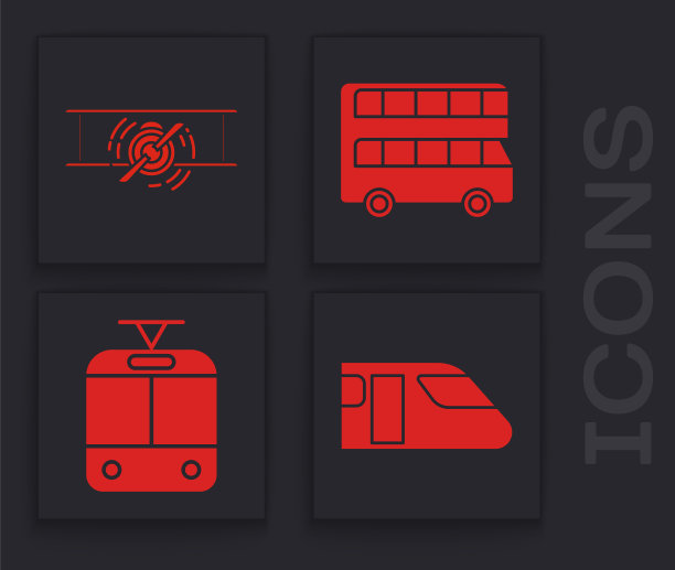 Set Train, Old retro vintage plane, Double decker bus and有轨电车和铁路的标志。向量图片下载