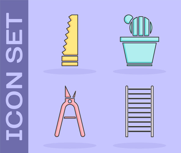 设置木楼梯，花园锯，园艺手工剪刀和仙人掌和多汁的花盆图标。向量图片下载