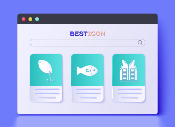 设置鱼，钓鱼勺和钓鱼夹克图标。向量图片下载