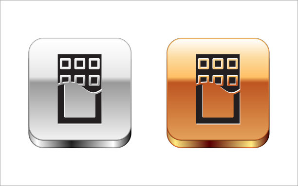 黑巧克力条图标孤立在白色背景。金银平方按钮。向量图片下载