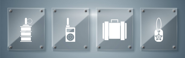 设置军用狗牌，军用弹药箱，对讲机和手榴弹。方形玻璃面板。向量图片下载