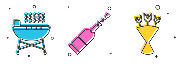 设置烧烤架，香槟瓶和花束图标。向量图片下载