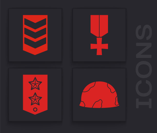 设置军事头盔，军衔，军事奖励奖章和Chevron图标。向量图片下载