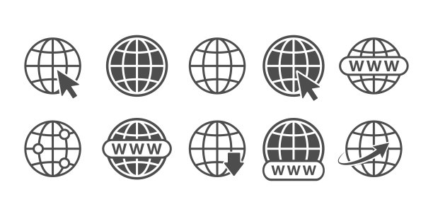 全球网络图标。矢量地球，世界，行星标志。网络空间计算机网络集。WWW鼠标光标隔离概念标志插图上的白色背景。图片下载