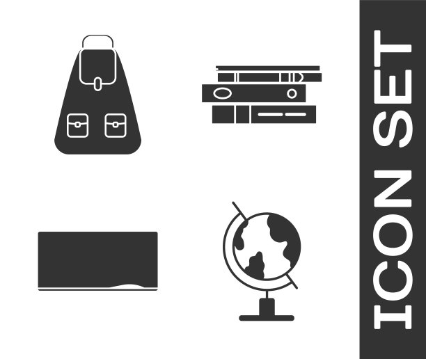 设置地球地球仪，学校背包，黑板和办公室文件夹与文件图标。向量图片下载