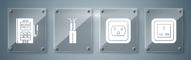 设置电源插座，美国电源插座，电缆和电气面板。方形玻璃面板。向量图片下载