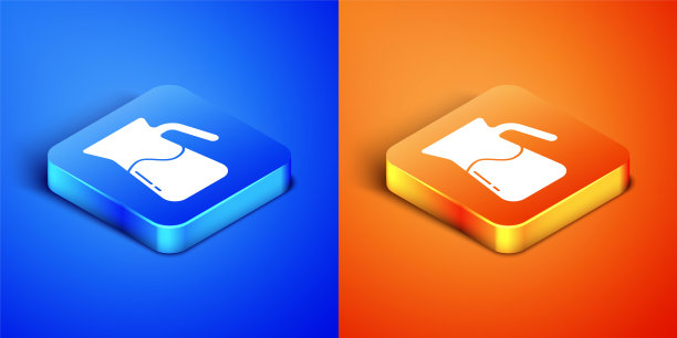 等距水壶玻璃与水的图标孤立在蓝色和橙色的背景。水壶的水。装有饮用水的玻璃瓶。方形按钮。向量图片下载