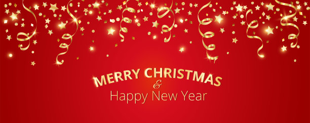 装饰圣诞横幅。红色背景与飘落的五彩纸屑，丝带和星星。图片下载