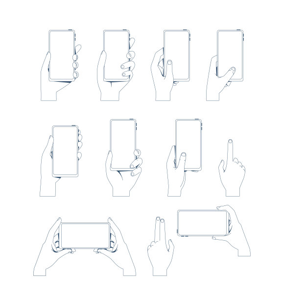 一组手拿着手机。不同的手姿势与移动设备图片下载