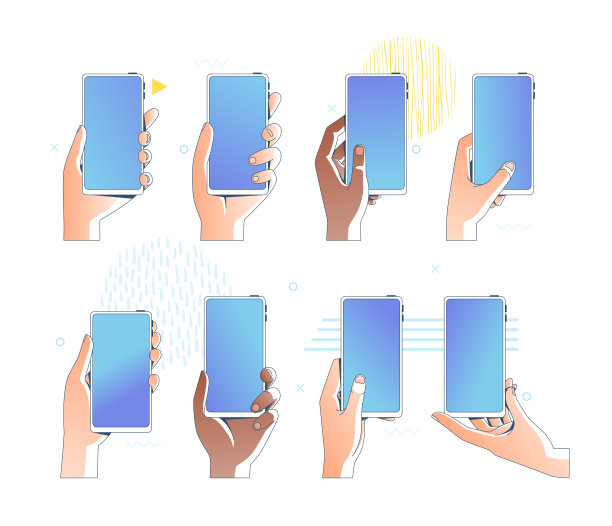一组手拿着手机。不同的手姿势与移动设备图片下载