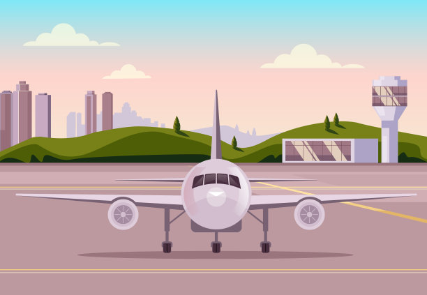 飞机离开机场。运输的概念。矢量平面设计插图图片下载