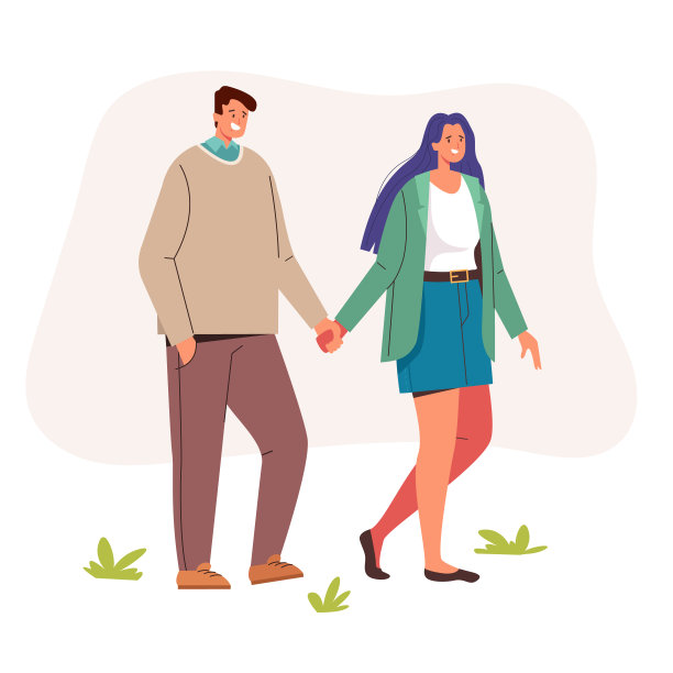 快乐夫妇男人和女人走路矢量扁平插画图片下载