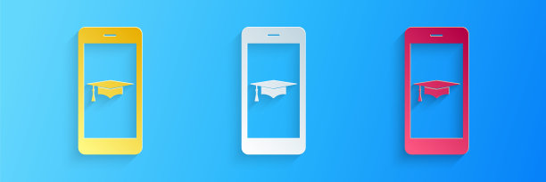 剪纸毕业帽和智能手机图标。在线学习或电子学习概念图标孤立在蓝色背景。纸艺术风格。向量图片下载