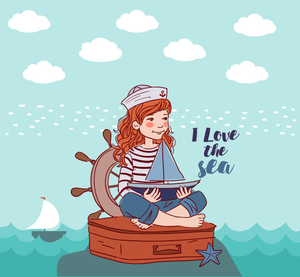 可爱的女孩坐在手提箱上玩玩具帆船。旅行向量的概念图片下载
