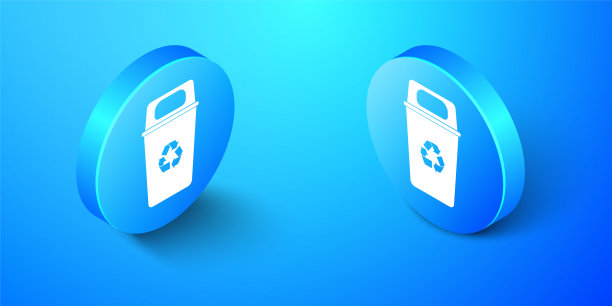 等距回收站与回收符号图标隔离在蓝色背景。垃圾桶图标。垃圾桶的迹象。回收篮的迹象。蓝色圆按钮。向量图片下载