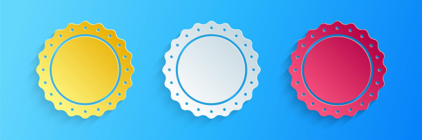 剪纸质量徽章图标孤立在蓝色背景。纸艺术风格。向量图片下载