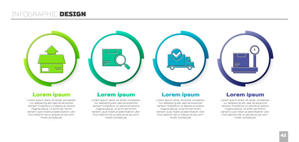 设置纸箱纸箱，搜索包，送货车与检查标记和秤与纸箱。业务信息图模板。向量图片下载