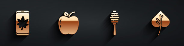 设置手机上的叶子，苹果，蜂蜜勺棒和叶子或叶子图标长阴影。向量图片下载